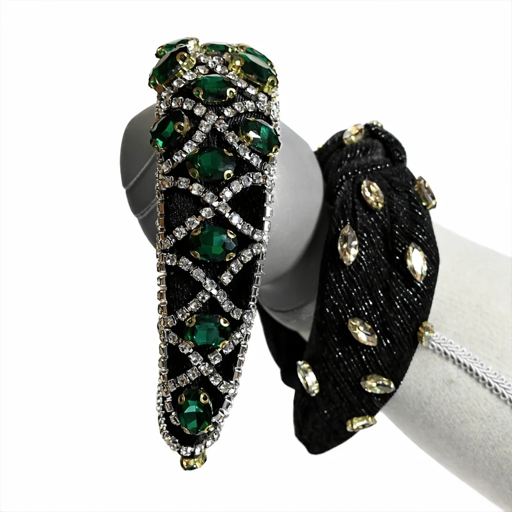 Set of 2 Jeweled Headbands Black Velvet Emerald Green Rhinestone Luxe Glam